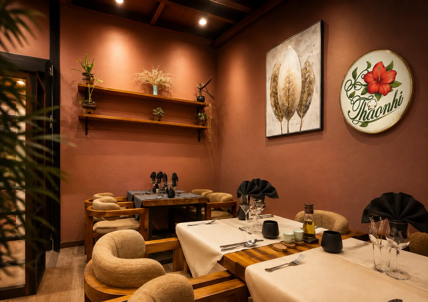 Salle intimiste de ThaoNhi en terracotta avec fauteuils en bois et enseigne hibiscus