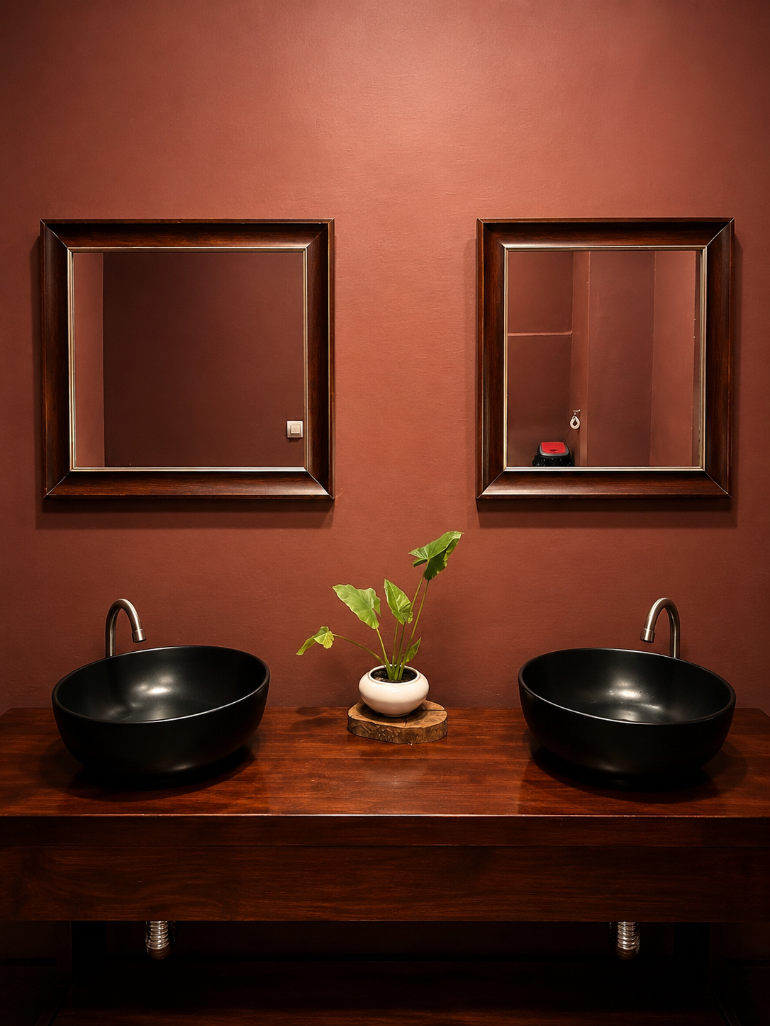 Espace lavabos en terracotta avec vasques noires et miroirs